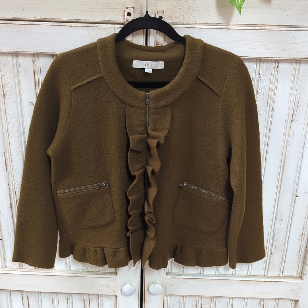Loft , mossy green wool ruffle Jacket, medium